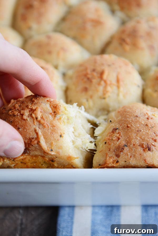 Golden Asiago Pull-Apart Loaf 5 An Asiago roll getting pulled out of a pan of rolls.