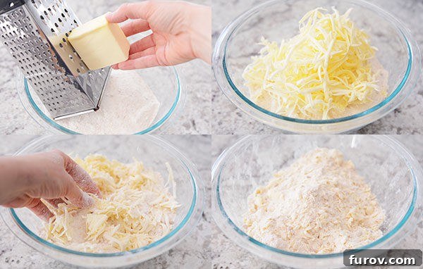 Four instructional photos demonstrating the process of grating cold butter and mixing it into dry cake mix.