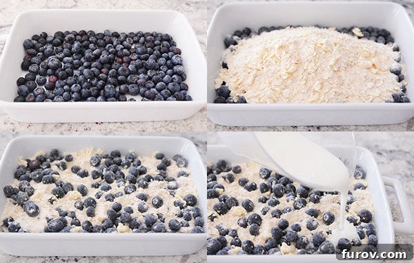 Four images showing the steps to layer blueberries, cake mix, and drizzle milk for a dump cake.