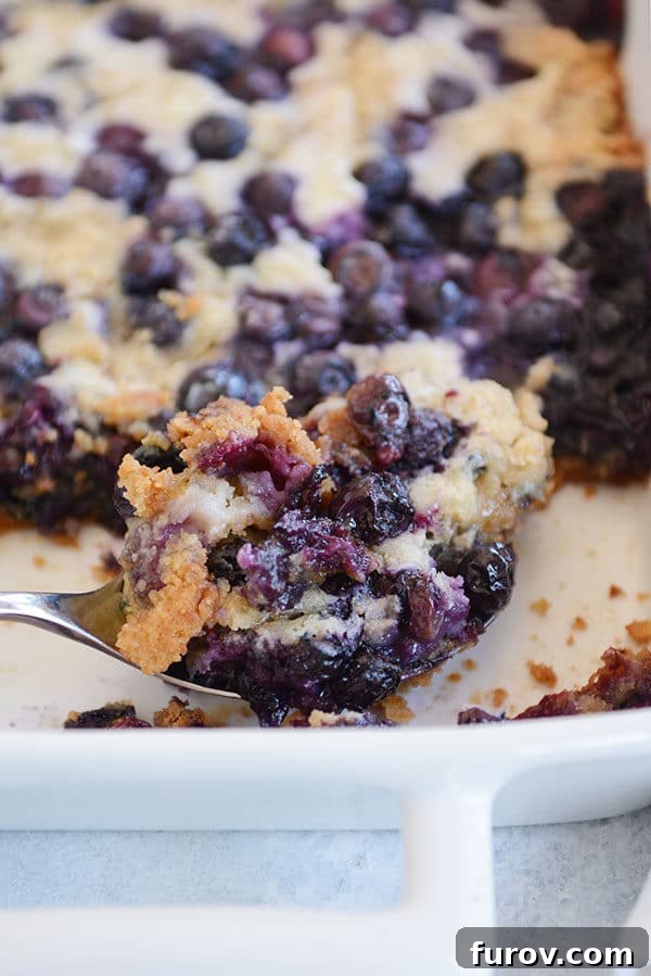 A large metal spoon scooping a generous portion of blueberry dump cake from a white baking dish.