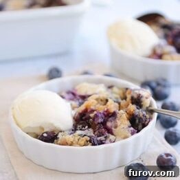 A small square image of a blueberry dump cake slice with ice cream.