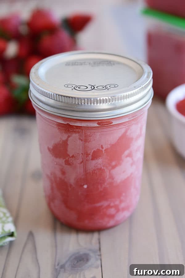 A clear glass mason jar filled with vibrant strawberry freezer jam, with fresh strawberries and jam containers blurred in the background, symbolizing homemade goodness.