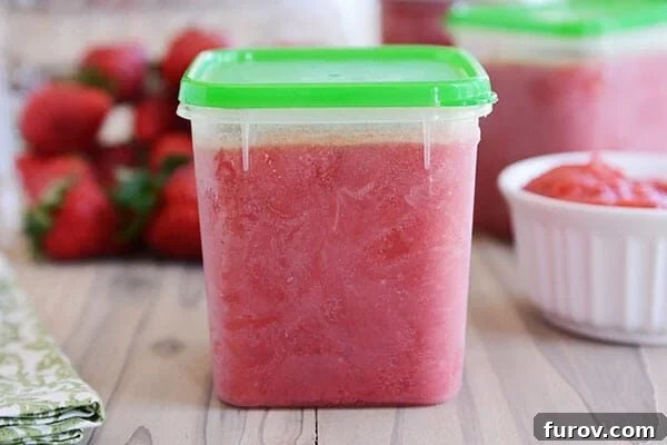 A clear plastic container, a tupperware, filled with vibrant red strawberry freezer jam, ready for storage or use.