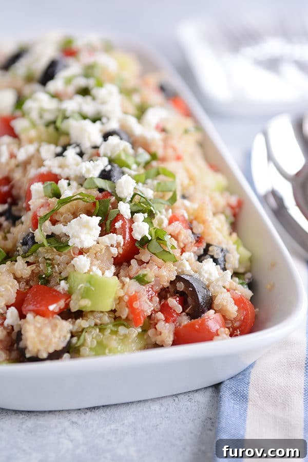 A white dish with cooked quinoa, tomatoes, olives, cucumbers, feta, and basil.