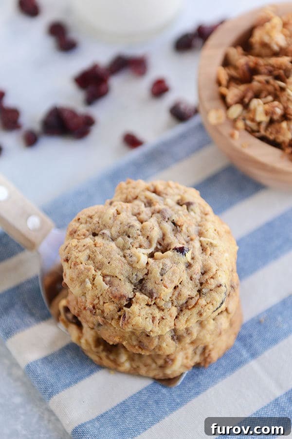 A metal spatula with stacked chocolate chip granola cookies on top, showcasing their golden-brown edges and irresistible appeal.