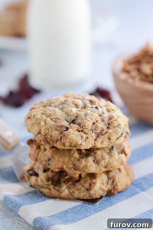 A stack of granola chocolate chip cookies resting on a blue and white napkin, inviting a delicious indulgence.