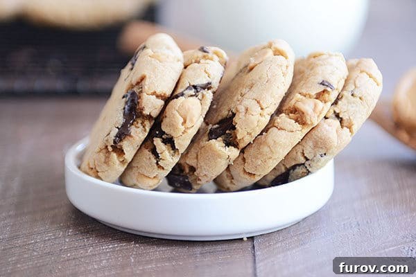 Velvety Soft Egg Free Peanut Butter Chocolate Chip Cookies 4 Five peanut butter chocolate chip cookies stacked side-by-side in a white ramekin.