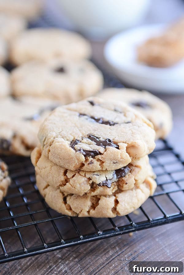 Velvety Soft Egg Free Peanut Butter Chocolate Chip Cookies 6 A stack of peanut butter chocolate chip cookies on a cooling rack.