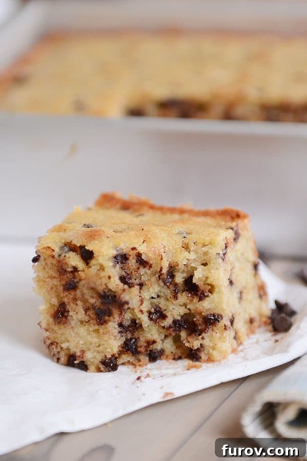 A piece of banana chocolate chip cake with a bite taken out. 