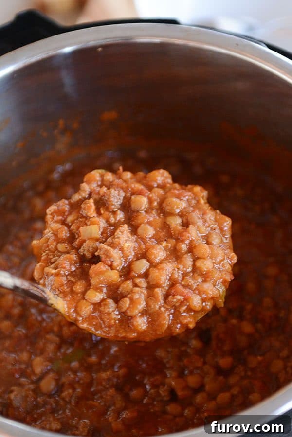 Instant Pot Lentil Chili Stovetop and Slow Cooker Variations 3 A metal ladle taking a scoop of beef and lentil chili out of a large pot.