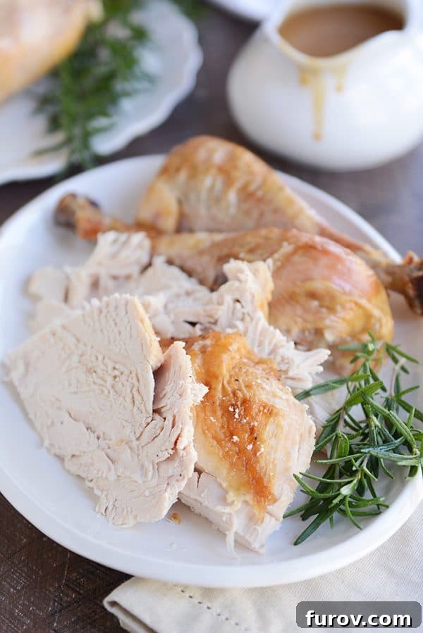 Juicy & Golden Thanksgiving Turkey in an Oven Roasting Bag 3 A white plate showcasing perfectly sliced turkey breast and two succulent turkey legs.