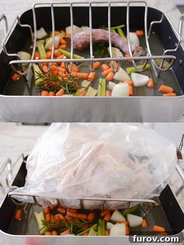 Juicy & Golden Thanksgiving Turkey in an Oven Roasting Bag 7 A roasting pan filled with chopped vegetables and a turkey covered by an oven bag.