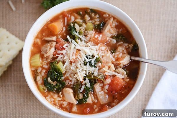 Turkey & Chicken Brown Rice Soup: Pressure Cooker & Stove Top Ready 4 A white bowl of turkey and brown rice soup topped with parmesan cheese.