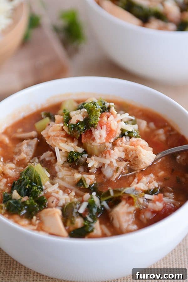 Turkey & Chicken Brown Rice Soup: Pressure Cooker & Stove Top Ready 5 A spoon taking a bite out of a bowl of turkey and brown rice soup.
