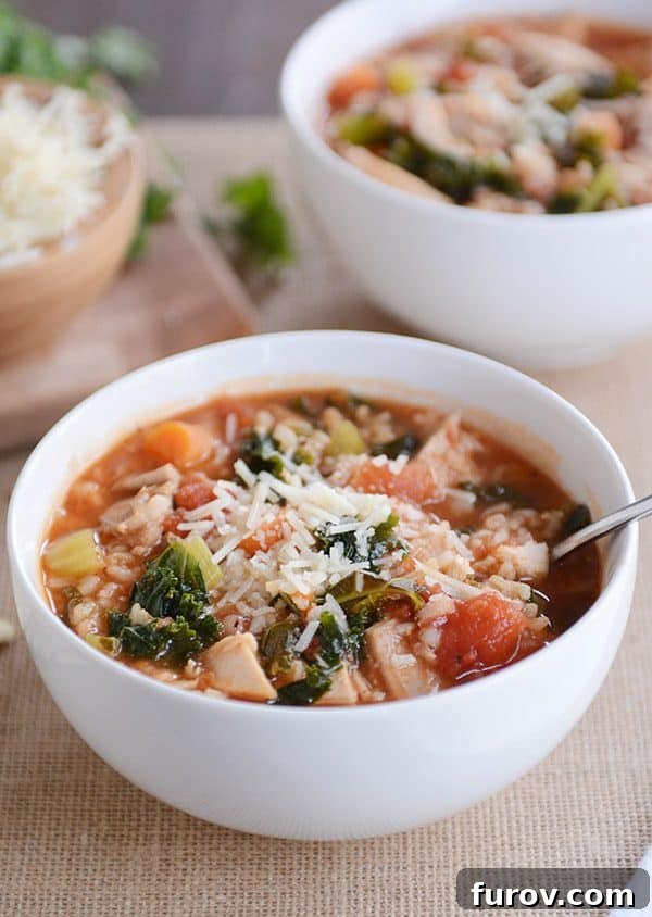 Turkey & Chicken Brown Rice Soup: Pressure Cooker & Stove Top Ready 6 Turkey, vegetable, and brown rice soup topped with parmesan cheese.