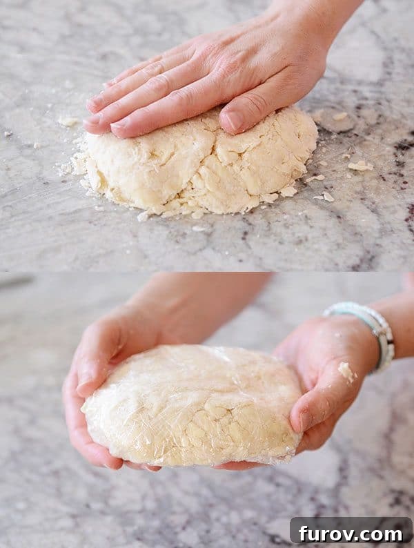 A hand patting down pie crust dough and then wrapping the dough in saran wrap in a picture below it.