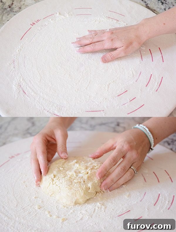 A hand rubbing flour on a pie pastry cloth with a picture of pie crust dough on the pastry cloth below it.