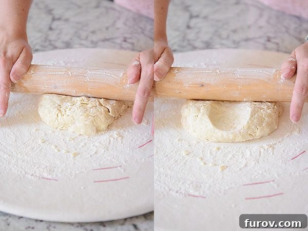 Side by side pictures of pie crust dough getting rolled out on a pastry cloth.
