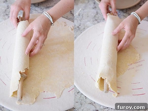 Side by side pictures of a pie crust getting rolled onto a rolling pin. 