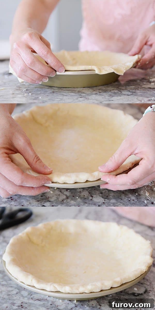 Step by step pictures of a pie crust getting crimped.