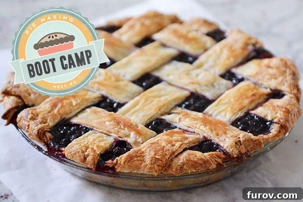 A perfectly baked blueberry pie in a clear glass pie dish, showcasing its golden-brown, fluted double crust.