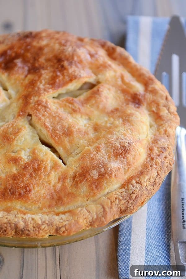 Top-down view of a golden-brown, baked apple pie with steam vents, showcasing a rustic, homemade charm.