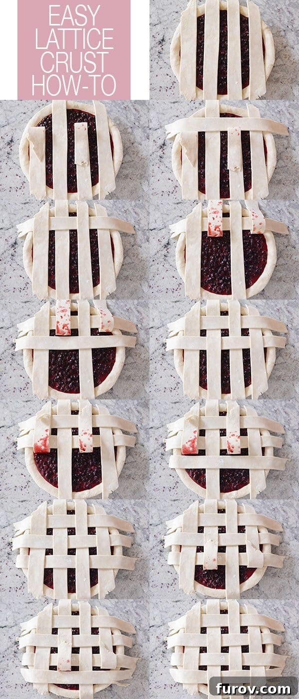 Step-by-step photographic guide illustrating how to weave a classic lattice pie crust with dough strips.