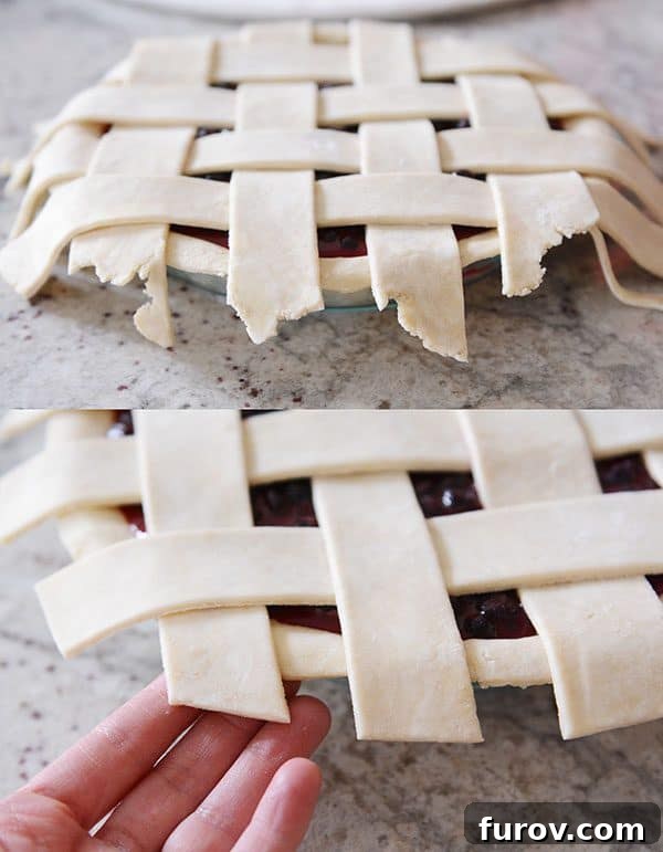 A lattice pie crust with untrimmed edges, showing the overhang before neatening the perimeter.
