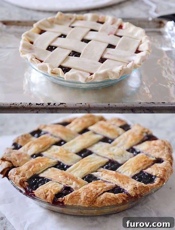 Two images: an uncooked lattice pie and the same pie beautifully baked, showcasing the transformation.