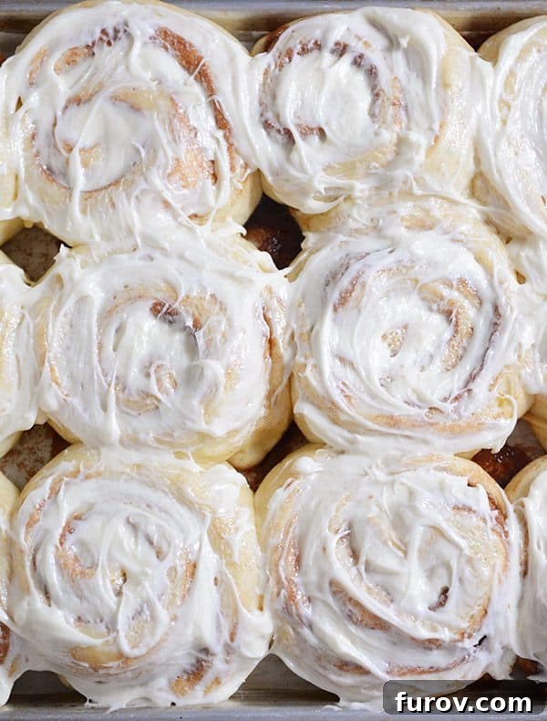 Top view of a baking sheet of frosted cinnamon rolls, showcasing their fluffy texture and perfect icing.