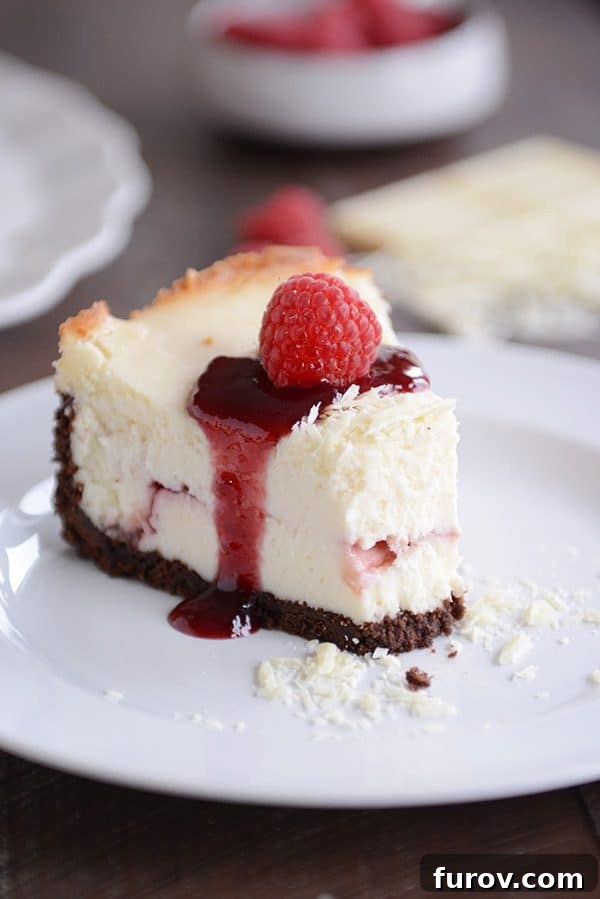 Velvet White Chocolate Raspberry Truffle Cheesecake 6 A slice of white chocolate raspberry truffle cheesecake with a gentle bite taken, highlighting the contrasting textures and flavors.