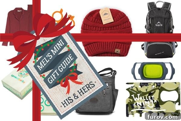 Mels Holiday Gift Ideas For Everyone and Kitchen Must Haves 2 A beautifully arranged selection of holiday gifts, including a Hydroflask, blanket, backpack, and more, set against a festive backdrop.