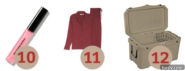 Mels Holiday Gift Ideas For Everyone and Kitchen Must Haves 6 A curated selection of personal care and comfort items, including lip gloss, pajamas, and a heavy-duty cooler.