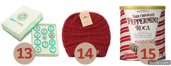 Mels Holiday Gift Ideas For Everyone and Kitchen Must Haves 7 Various small gifts, including Sproutbrite seeds, a stylish beanie, and festive dark chocolate peppermint roca.