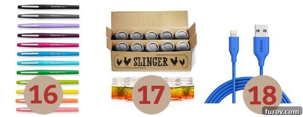 Mels Holiday Gift Ideas For Everyone and Kitchen Must Haves 8 A collection of office and tech essentials, including colorful felt-tip pens, versatile slinger jars, and a long lightning cable.