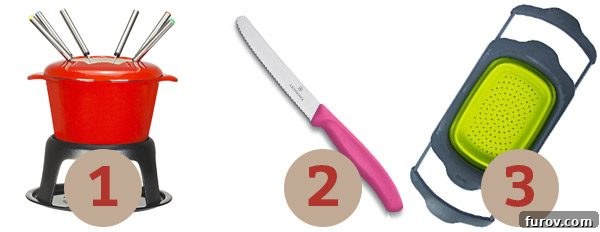 Mels Holiday Gift Ideas For Everyone and Kitchen Must Haves 9 A collection of kitchen gadgets, including a fondue pot, utility knife, and collapsible colander, ready for gourmet cooking.