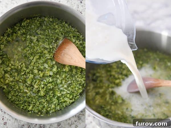 Pouring milk mixture into steamed broccoli.