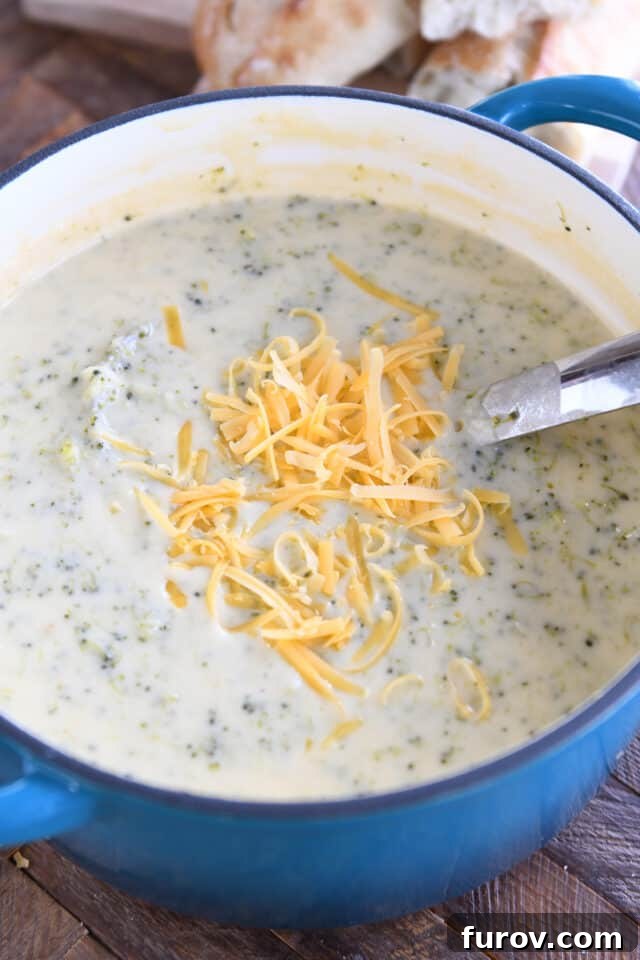 Broccoli cheese soup with shredded cheese in blue pot.