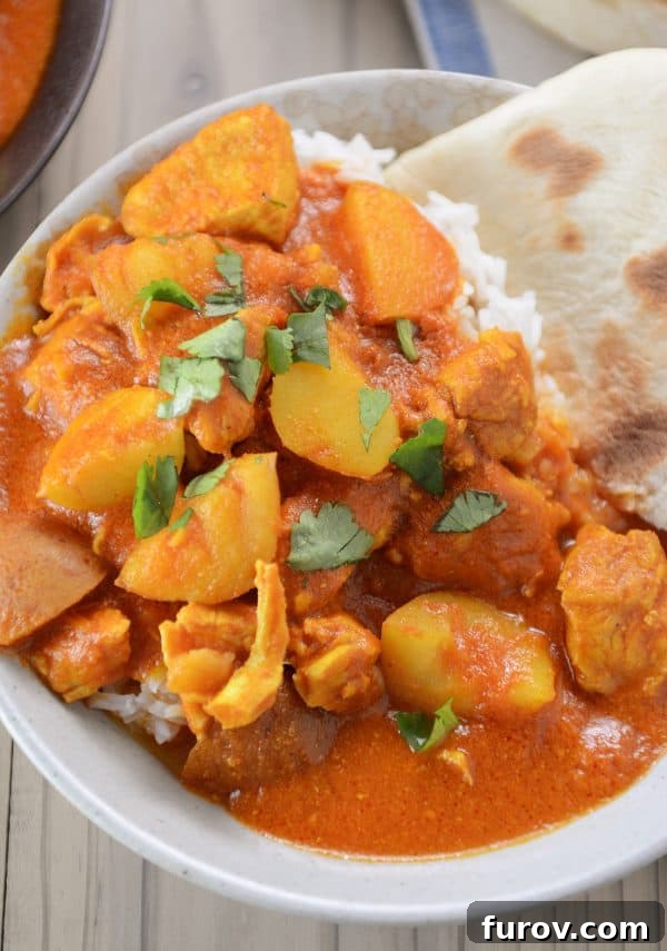 A close-up of Instant Pot Indian butter chicken and potato curry, with chunks of chicken and potatoes, over white rice, showcasing its rich texture.