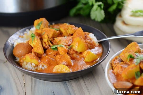 A bowl of Instant Pot Indian Butter Chicken and rice, with a spoon, highlighting the rich sauce and vibrant colors.