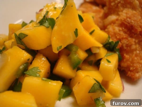 Island Macadamia Chicken with Zesty Mango Salsa 4 A serving of macadamia-crusted chicken strips beautifully arranged with a fresh, colorful mango salsa on a white plate, garnished with green herbs.