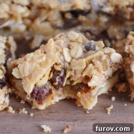 A delicious Caramel Oat Chocolate Chunk Shortbread Bar, perfect for dessert.