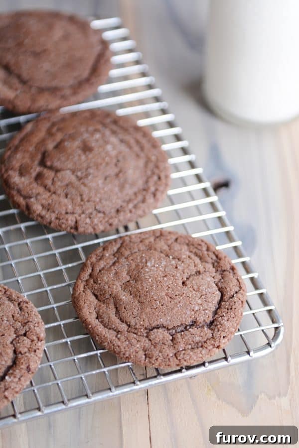Freshly baked soft chocolate sugar cookies cooling on a wire rack.