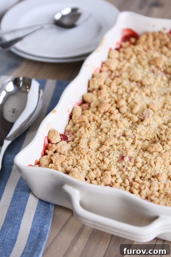 A close-up shot of the rustic, golden-brown crumble topping beautifully spread over the vibrant pink and red strawberry rhubarb filling in a white baking dish.