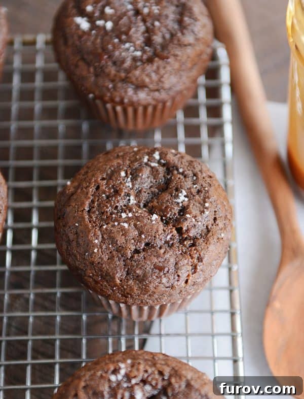 Top down view of double chocolate salted caramel muffin on cooling rack