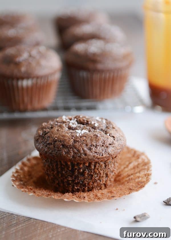 Double chocolate salted caramel muffin with paper liner removed.