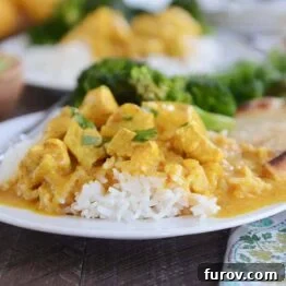 Thai chicken mango red curry sauce over white rice on white plate.