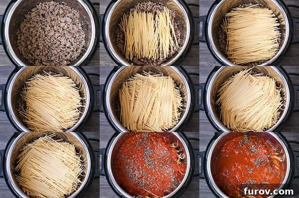 Step-by-step photos illustrating how to layer ingredients for Instant Pot spaghetti.