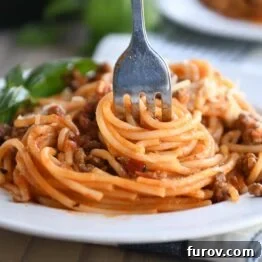 A dish of Instant Pot Spaghetti, ready to serve.