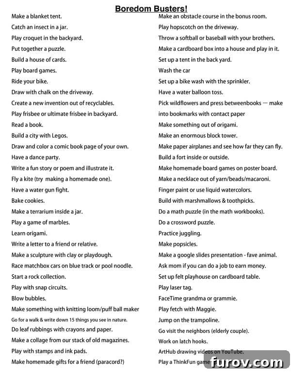 Boredom busters chart for kids